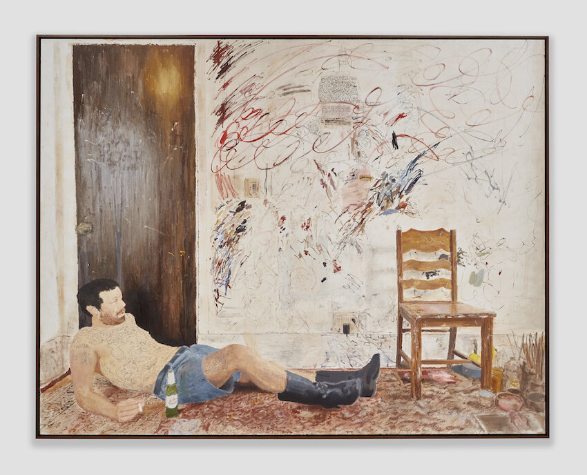 Lorenzo Amos, <i>Leo laying on the carpet</i>, 2024. Oil on linen, 80 x 102 1/2 x 2 in (203.2 x 260.4 x 5 cm)